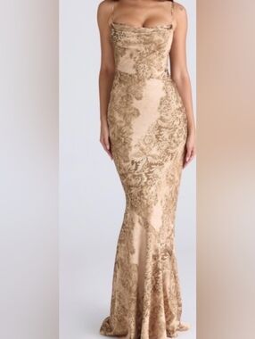 House of CB Champagne Floral Jacquard Mermaid Gown